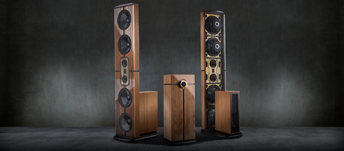 Steinway Lyngdorf Model D Hard wood with Gold/Ch ring  full range floor-standing dipole speaker which emits sound from both front and back. Unrestricted by the vibrations of conventional cabinets